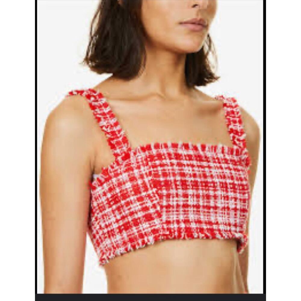 Self-Portrait Crop Top Size 6 Red & White Plaid Boucle Corset Zip Close